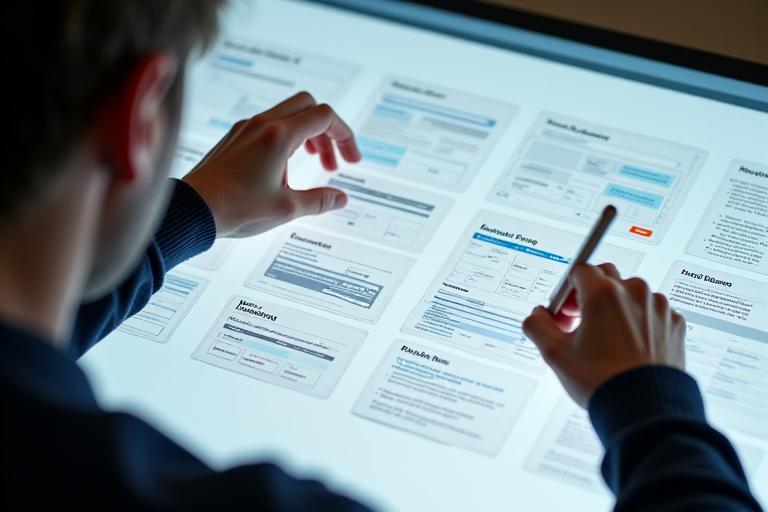 Wireframe sketch on a tablet screen, showing user interface elements