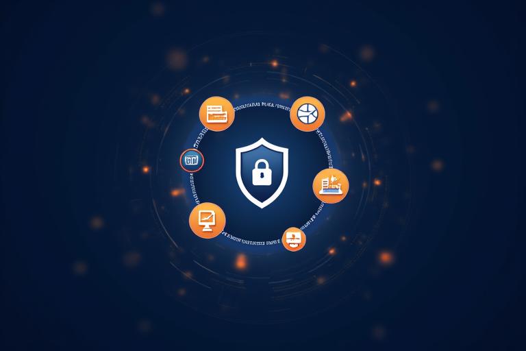 Website icons floating around a shield icon, representing security and support