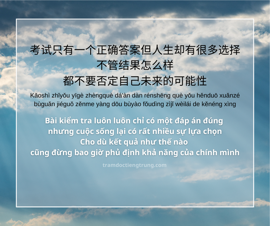 Quote: Bài kiểm tra luôn luôn chỉ có một đáp án đúng nhưng cuộc sống lại có rất nhiều sự lựa chọn Cho dù kết quả như thế nào cũng đừng bao giờ phủ định khả năng của chính mình.