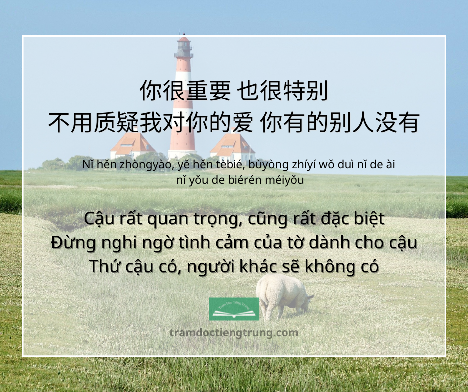 quote: Cậu rất quan trọng, cũng rất đặc biệt Đừng nghi ngờ tình cảm của tờ dành cho cậu Thứ cậu có, người khác sẽ không có