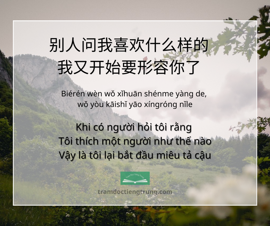 Quote: Khi có người hỏi tôi rằng Tôi thích một người như thế nào Vậy là tôi lại bắt đầu miêu tả cậu