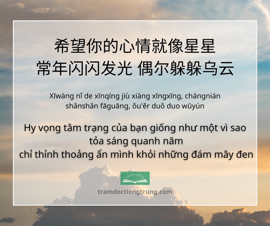 Quote: Hy vọng tâm trạng của bạn giống như một vì sao tỏa sáng quanh năm chỉ thỉnh thoảng ẩn mình khỏi những đám mây đen