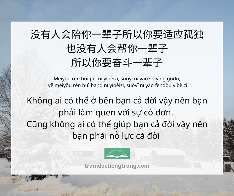 Quote: Không ai có thể ở bên bạn cả đời vậy nên bạn phải làm quen với sự cô đơn. Cũng không ai có thể giúp bạn cả đời vậy nên bạn phải nỗ lực cả đời